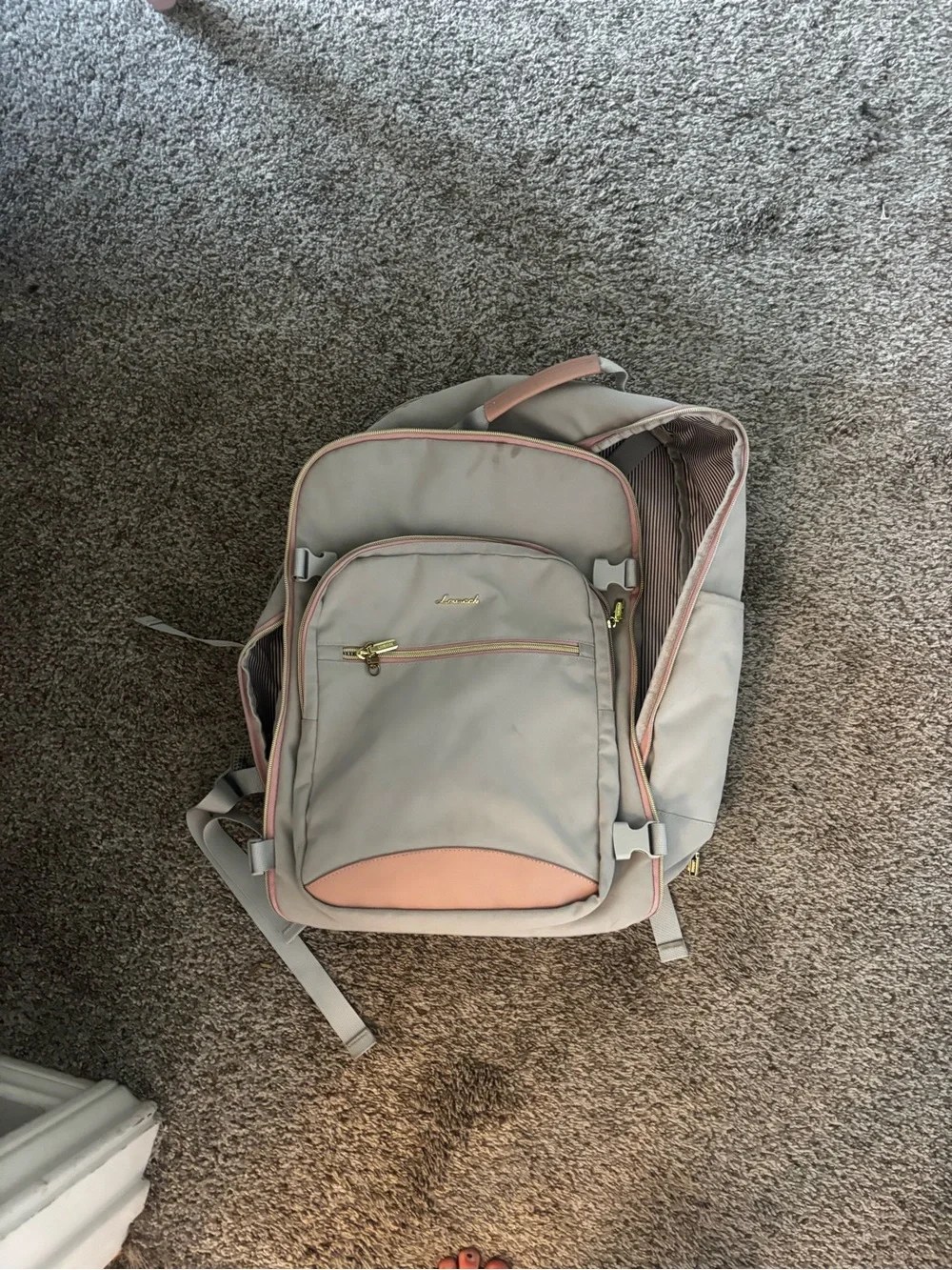 Light Gray Backpack with Blush Pink Accents